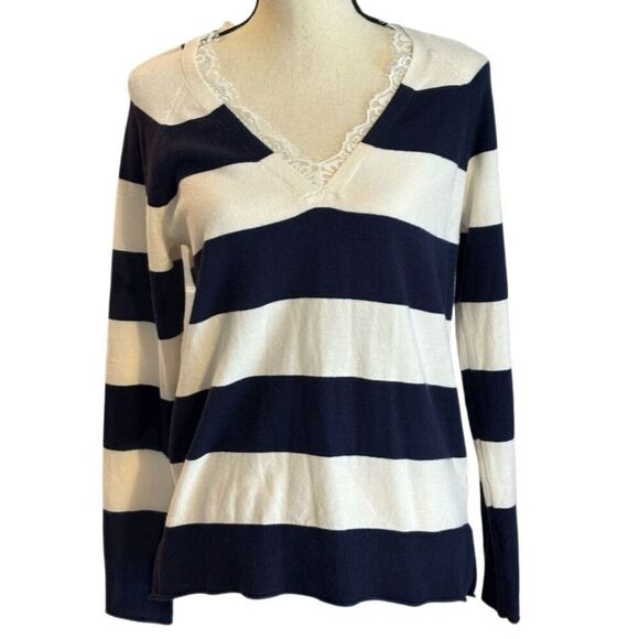 Boston Proper Striped Sweater With Lace Detail Sz S - Picture 1 of 3